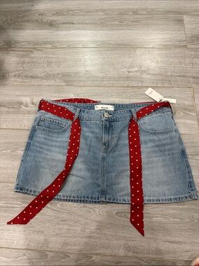 Hollister Light Wash Denim Mini Skirt with Red Polka Dot Sash 16
